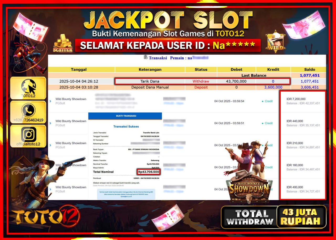 HANYA DI TOTO12 JP PASTI DI BAYAR LUNAS DAN CEPAT!!!!!! JACKPOT SLOT GAME (WILD BOUNTY SHOWDOWN) Rp.43.700.000 !!!!