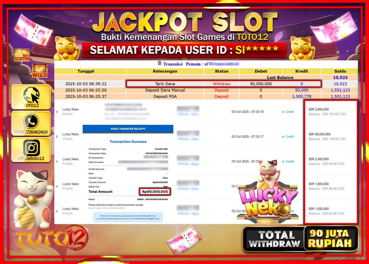 HANYA DI TOTO12 JP PASTI DI BAYAR LUNAS DAN CEPAT!!!!!! JACKPOT SLOT GAME (LUCKY NEKO) Rp.90.000.000 !!!!