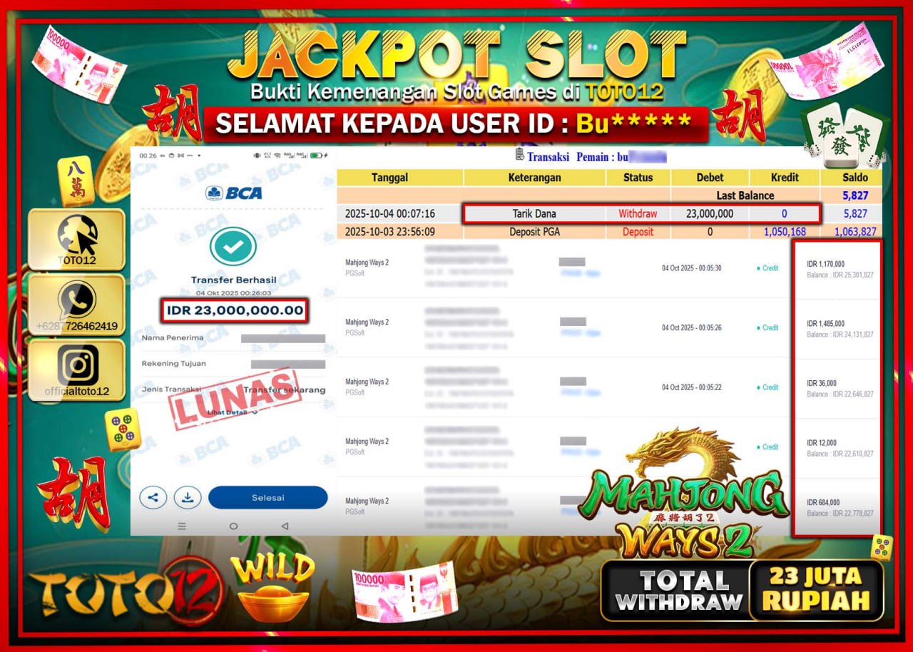 HANYA DI TOTO12 JP PASTI DI BAYAR LUNAS DAN CEPAT!!!!!! JACKPOT SLOT GAME (MAHJONG WAYS 2) Rp.23.000.000 !!!!