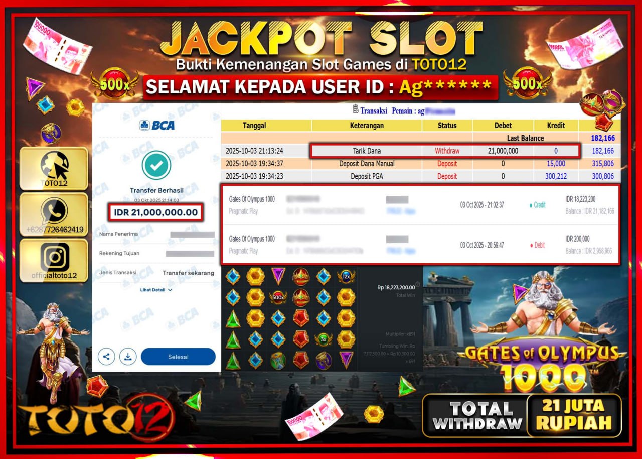 HANYA DI TOTO12 JP PASTI DI BAYAR LUNAS DAN CEPAT!!!!!! JACKPOT SLOT GAME (GATES OF OLYMPUS 1000) Rp.21.000.000 !!!!