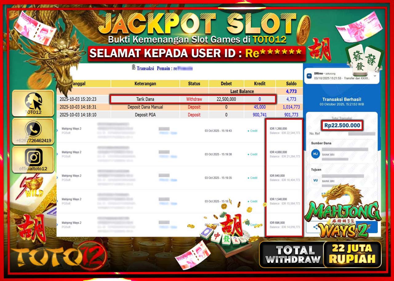 HANYA DI TOTO12 JP PASTI DI BAYAR LUNAS DAN CEPAT!!!!!! JACKPOT SLOT GAME (MAHJONG WAYS 2) Rp.22.500.000 !!!!