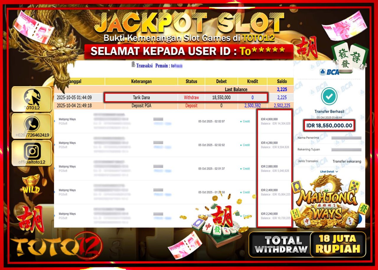 HANYA DI TOTO12 JP PASTI DI BAYAR LUNAS DAN CEPAT!!!!!! JACKPOT SLOT GAME (MAHJONG WAYS) Rp.18.550.000 !!!!