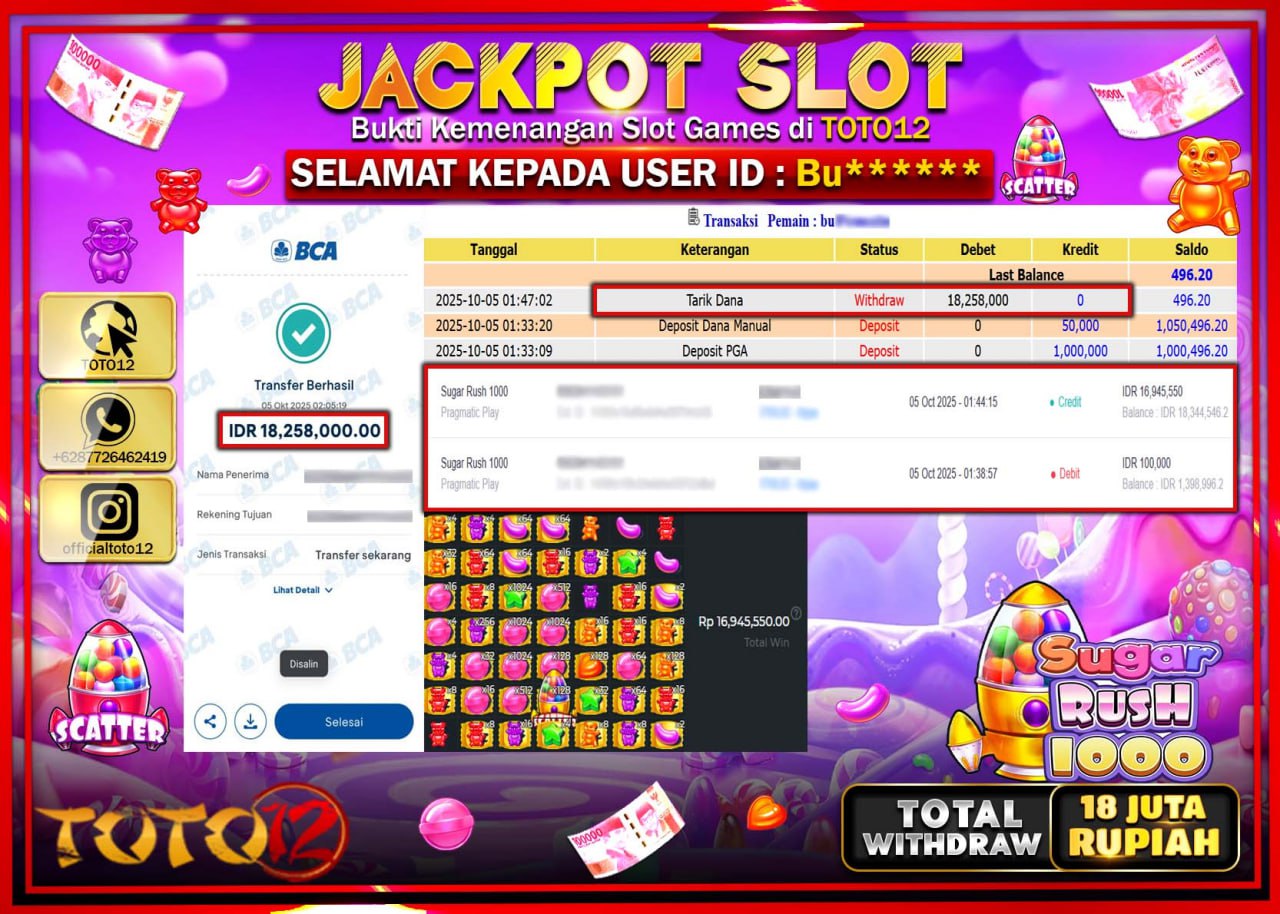 HANYA DI TOTO12 JP PASTI DI BAYAR LUNAS DAN CEPAT!!!!!! JACKPOT SLOT GAME (SUGAR RUSH 1000) Rp.18.258.000 !!!!