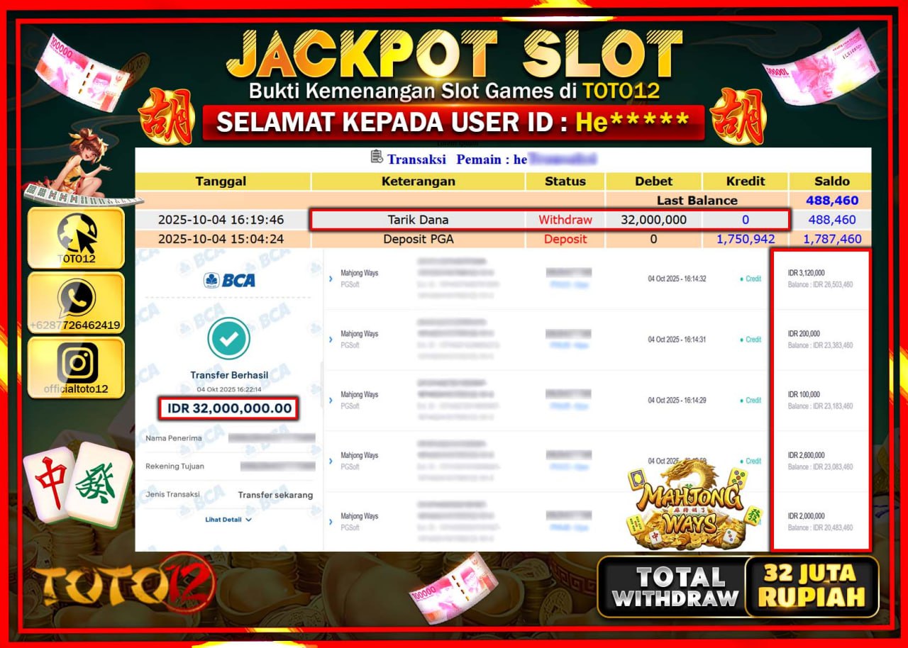 HANYA DI TOTO12 JP PASTI DI BAYAR LUNAS DAN CEPAT!!!!!! JACKPOT SLOT GAME (MAHJONG WAYS) Rp.32.000.000 !!!!