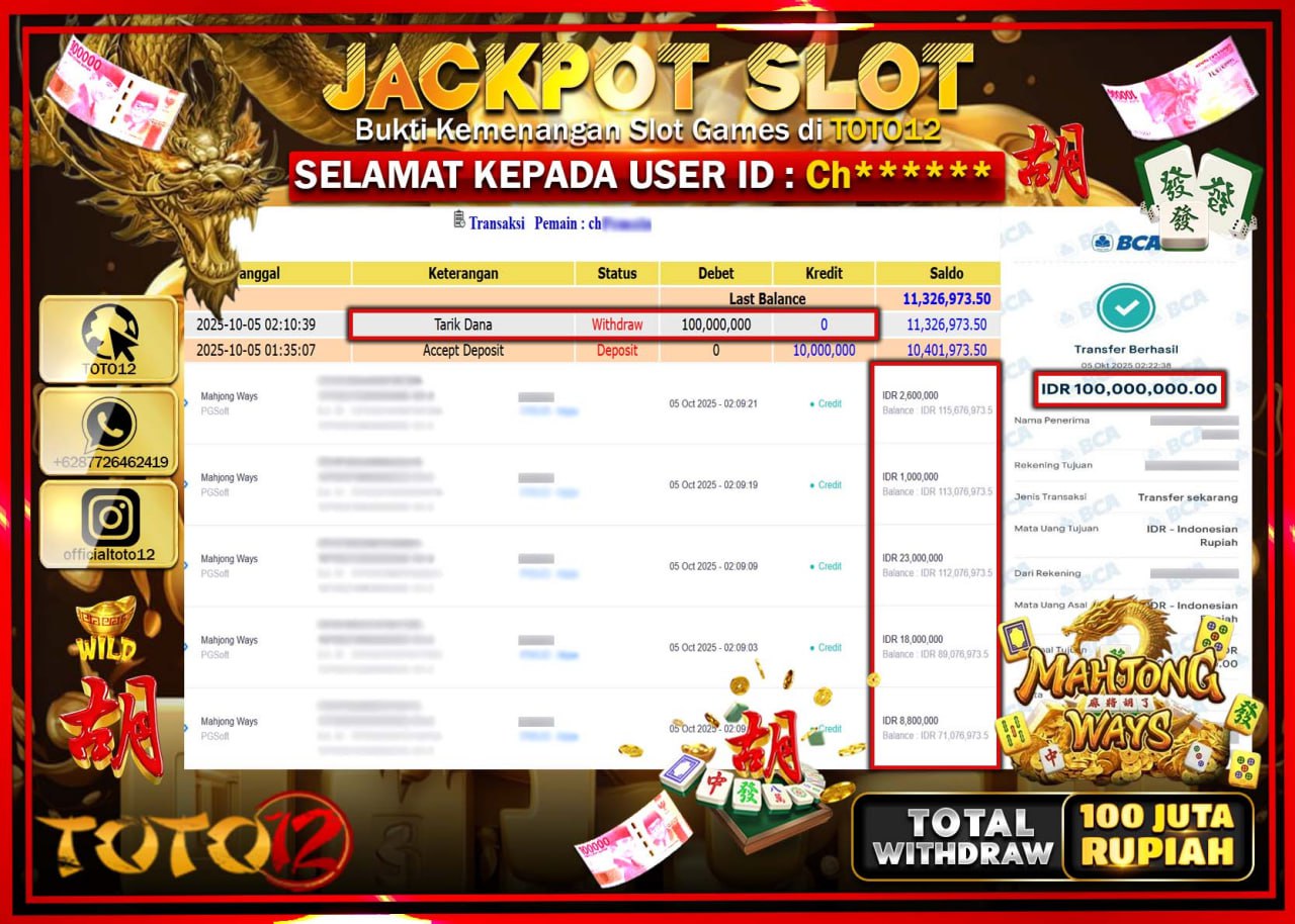 HANYA DI TOTO12 JP PASTI DI BAYAR LUNAS DAN CEPAT!!!!!! JACKPOT SLOT GAME (MAHJONG WAYS) Rp.100.000.000 !!!!