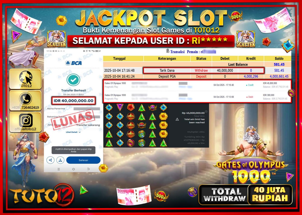 HANYA DI TOTO12 JP PASTI DI BAYAR LUNAS DAN CEPAT!!!!!! JACKPOT SLOT GAME (GATES OF OLYMPUS 1000) Rp.40.000.000 !!!!