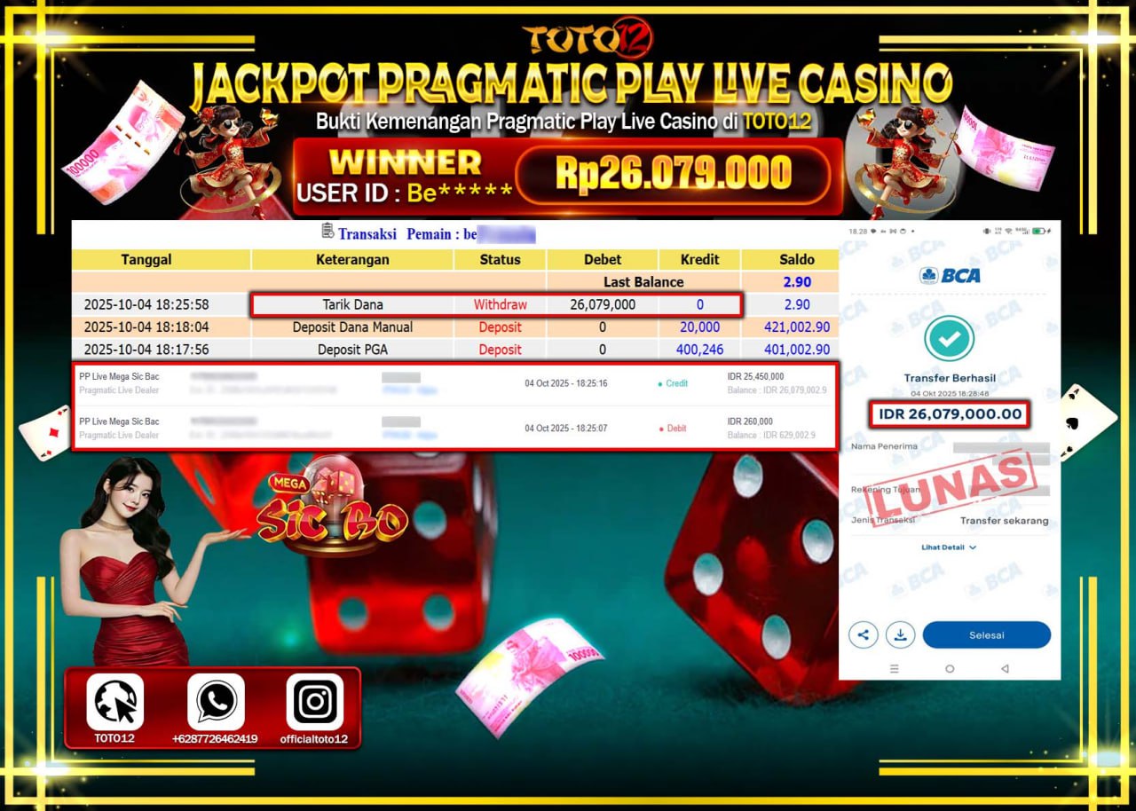HANYA DI TOTO12 JP PASTI DI BAYAR LUNAS DAN CEPAT!!!!!! JACKPOT PRAGMATIC PLAY LIVE CASINO (SIC BO) Rp.26.079.000 !!!!