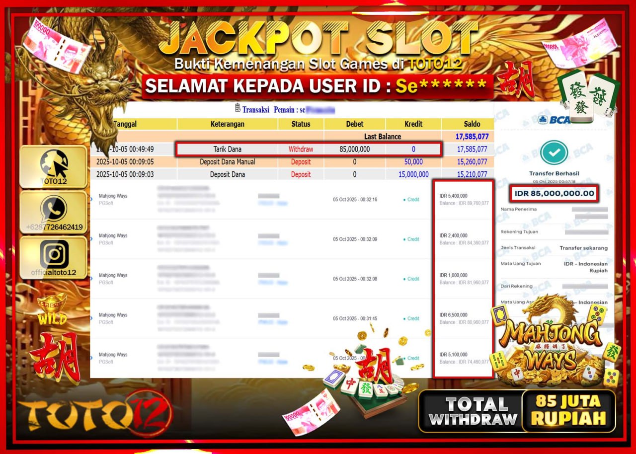 HANYA DI TOTO12 JP PASTI DI BAYAR LUNAS DAN CEPAT!!!!!! JACKPOT SLOT GAME (MAHJONG WAYS) Rp.85.000.000 !!!!