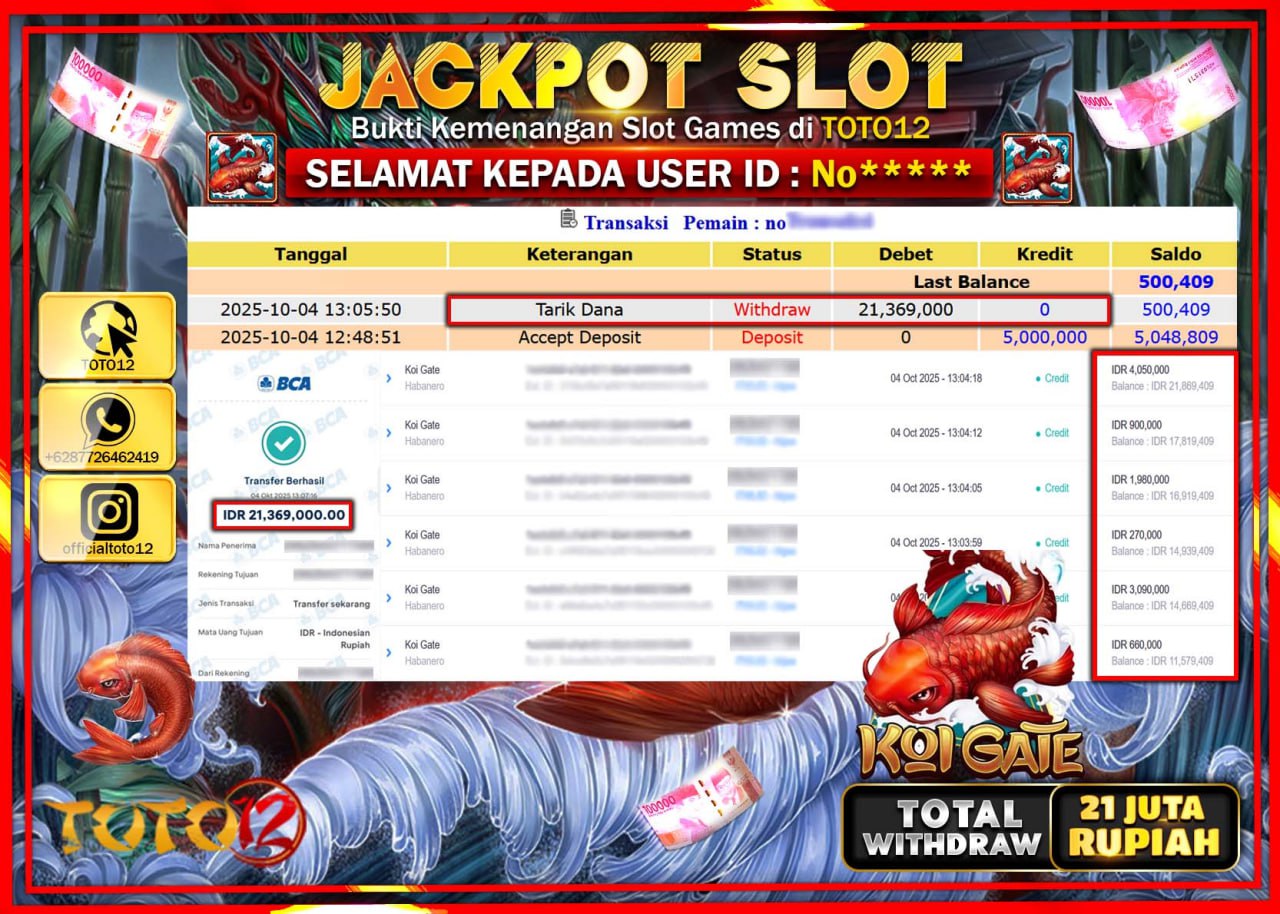 HANYA DI TOTO12 JP PASTI DI BAYAR LUNAS DAN CEPAT!!!!!! JACKPOT SLOT GAME (KOI GATE) Rp.21.369.000 !!!!