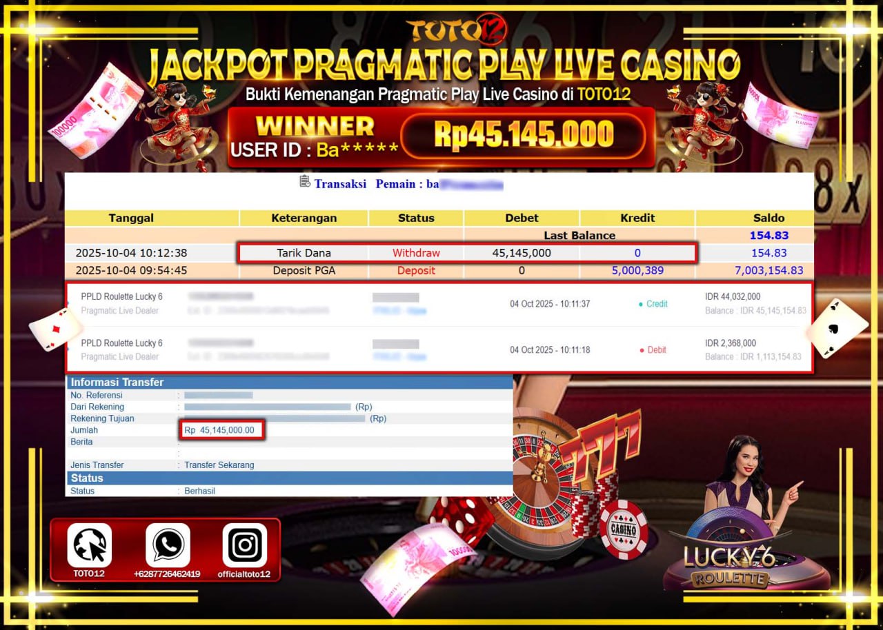 HANYA DI TOTO12 JP PASTI DI BAYAR LUNAS DAN CEPAT!!!!!! JACKPOT PRAGMATIC PLAY LIVE CASINO (ROULETTE) Rp.45.145.000 !!!!