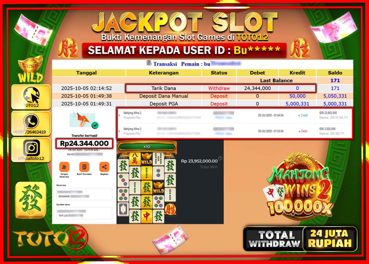 HANYA DI TOTO12 JP PASTI DI BAYAR LUNAS DAN CEPAT!!!!!! JACKPOT SLOT GAME (MAHJONG WINS 2) Rp.24.344.000 !!!!