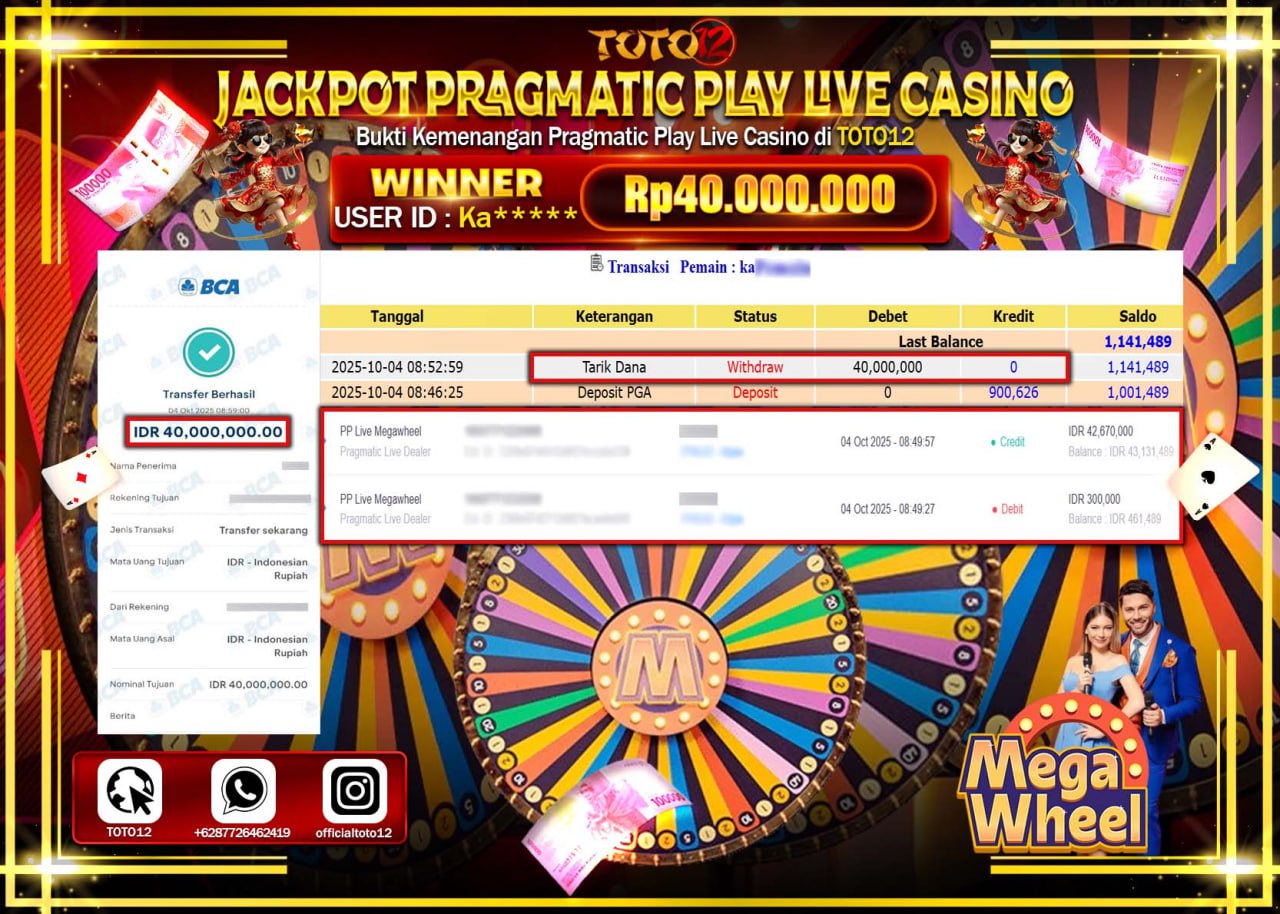 HANYA DI TOTO12 JP PASTI DI BAYAR LUNAS DAN CEPAT!!!!!! JACKPOT PRAGMATIC PLAY LIVE CASINO (MEGA WHEEL) Rp.40.000.000 !!!!