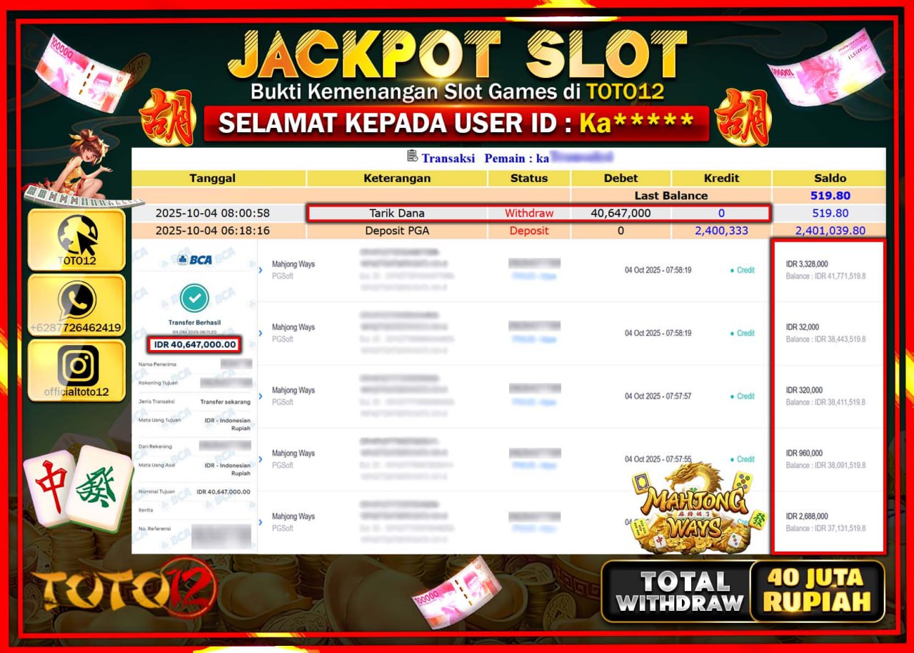 HANYA DI TOTO12 JP PASTI DI BAYAR LUNAS DAN CEPAT!!!!!! JACKPOT SLOT GAME (MAHJONG WAYS) Rp.40.647.000 !!!!