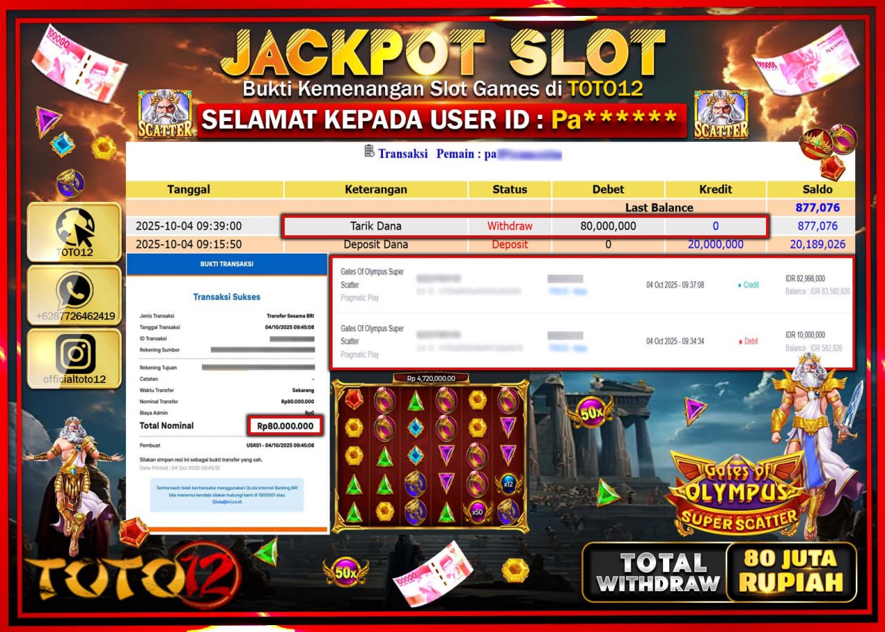 HANYA DI TOTO12 JP PASTI DI BAYAR LUNAS DAN CEPAT!!!!!! JACKPOT SLOT GAME (GATES OF OLYMPUS SUPER SCATTER) Rp.80.000.000 !!!!