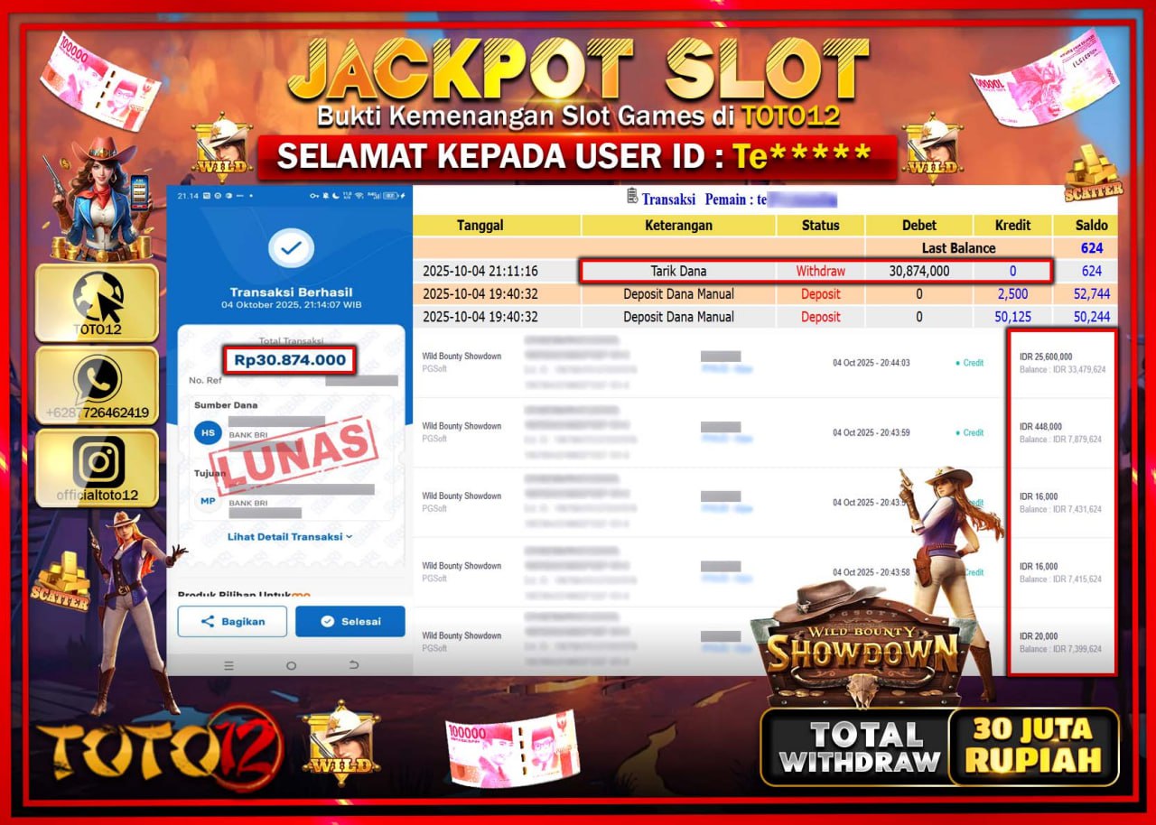 HANYA DI TOTO12 JP PASTI DI BAYAR LUNAS DAN CEPAT!!!!!! JACKPOT SLOT GAME (WILD BOUNTY SHOWDOWN) Rp.30.874.000 !!!!