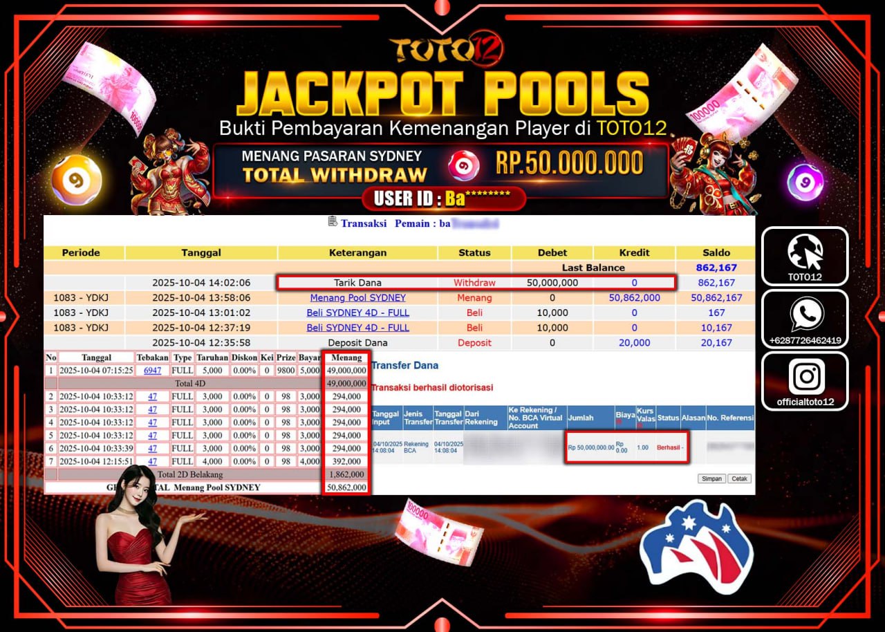 HANYA DI TOTO12 JP PASTI DI BAYAR LUNAS DAN CEPAT!!!!!! JACKPOT POOLS PASARAN (SYDNEY) Rp.50.000.000 !!!!
