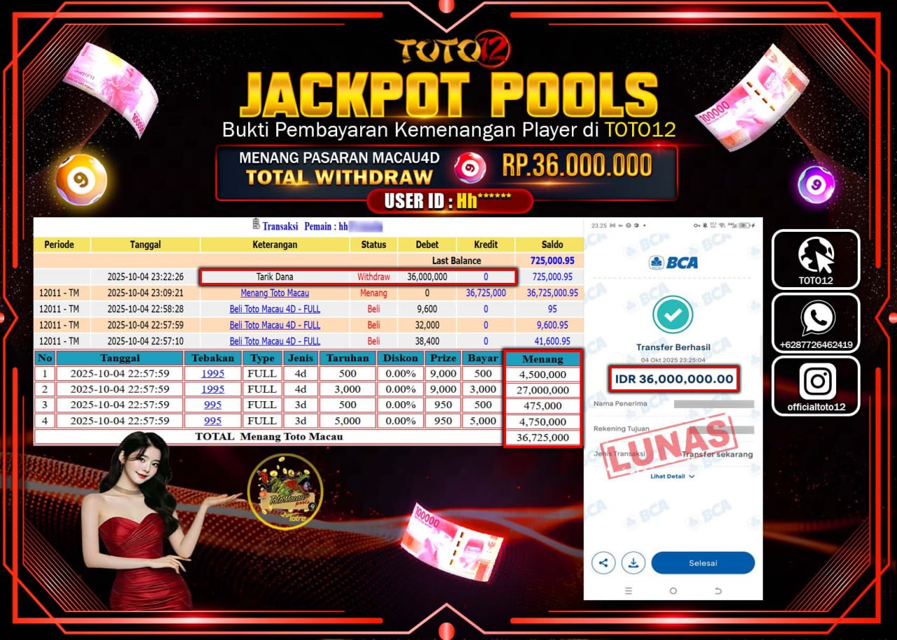 HANYA DI TOTO12 JP PASTI DI BAYAR LUNAS DAN CEPAT!!!!!! JACKPOT POOLS PASARAN (MACAU 4D) Rp.36.000.000 !!!!