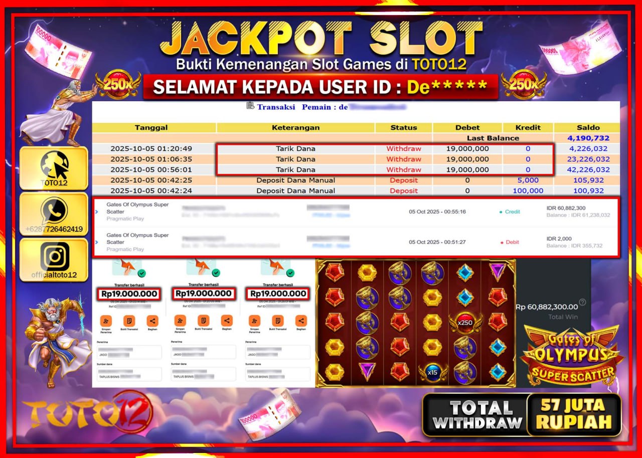 HANYA DI TOTO12 JP PASTI DI BAYAR LUNAS DAN CEPAT!!!!!! JACKPOT SLOT GAME (GATES OF OLYMPUS SUPER SCATTER) Rp.57.000.000 !!!!
