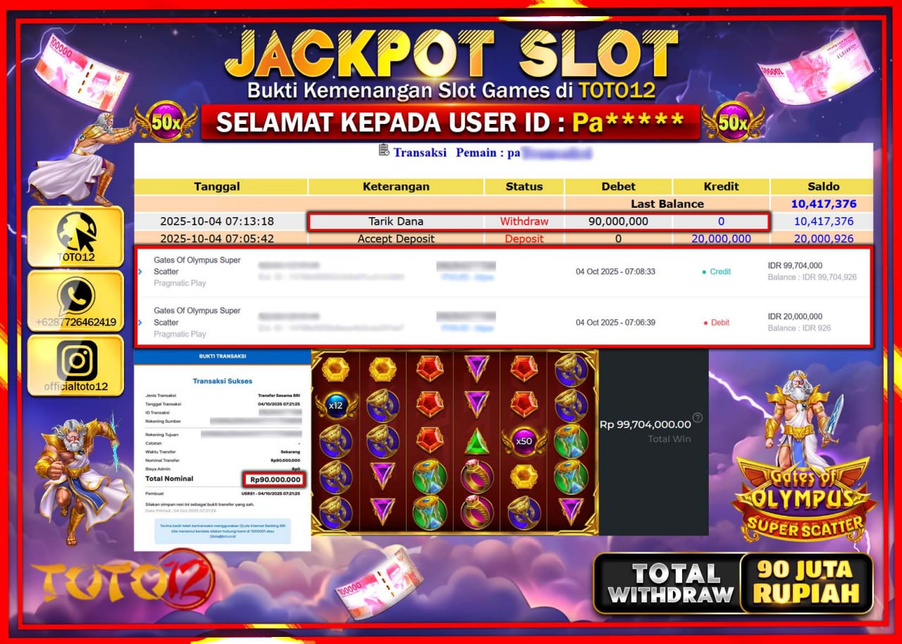 HANYA DI TOTO12 JP PASTI DI BAYAR LUNAS DAN CEPAT!!!!!! JACKPOT SLOT GAME (GATES OF OLYMPUS SUPER SCATTER) Rp.90.000.000 !!!!