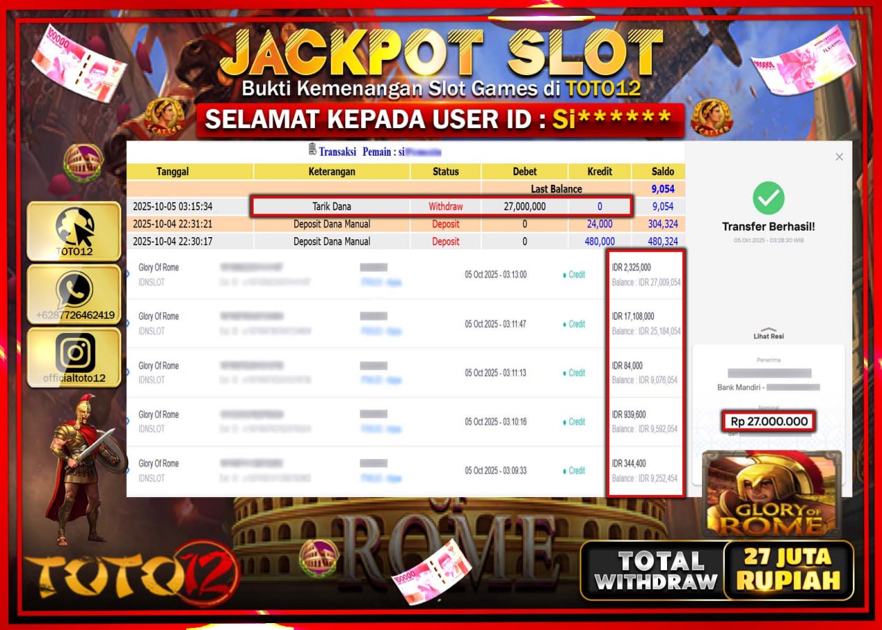 HANYA DI TOTO12 JP PASTI DI BAYAR LUNAS DAN CEPAT!!!!!! JACKPOT SLOT GAME (GLORY OF ROME) Rp.27.000.000 !!!!