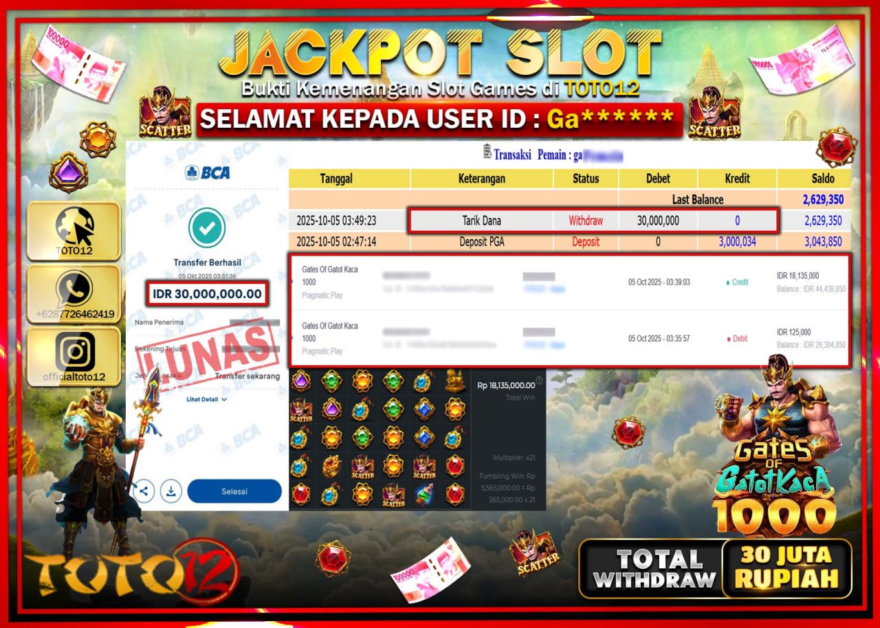 HANYA DI TOTO12 JP PASTI DI BAYAR LUNAS DAN CEPAT!!!!!! JACKPOT SLOT GAME (GATES OF GATOT KACA 1000) Rp.30.000.000 !!!!
