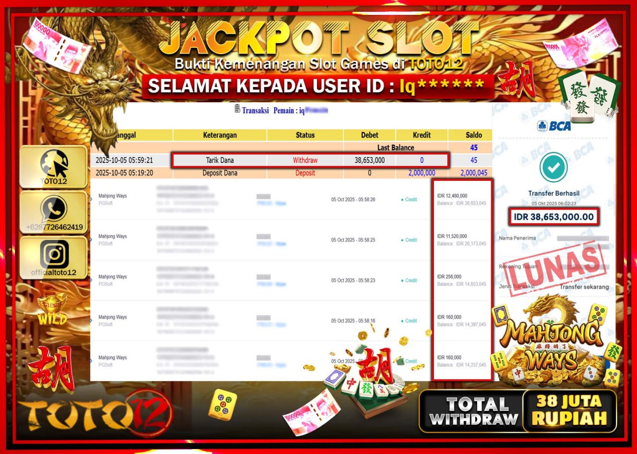 HANYA DI TOTO12 JP PASTI DI BAYAR LUNAS DAN CEPAT!!!!!! JACKPOT SLOT GAME (MAHJONG WAYS) Rp.38.653.000 !!!!