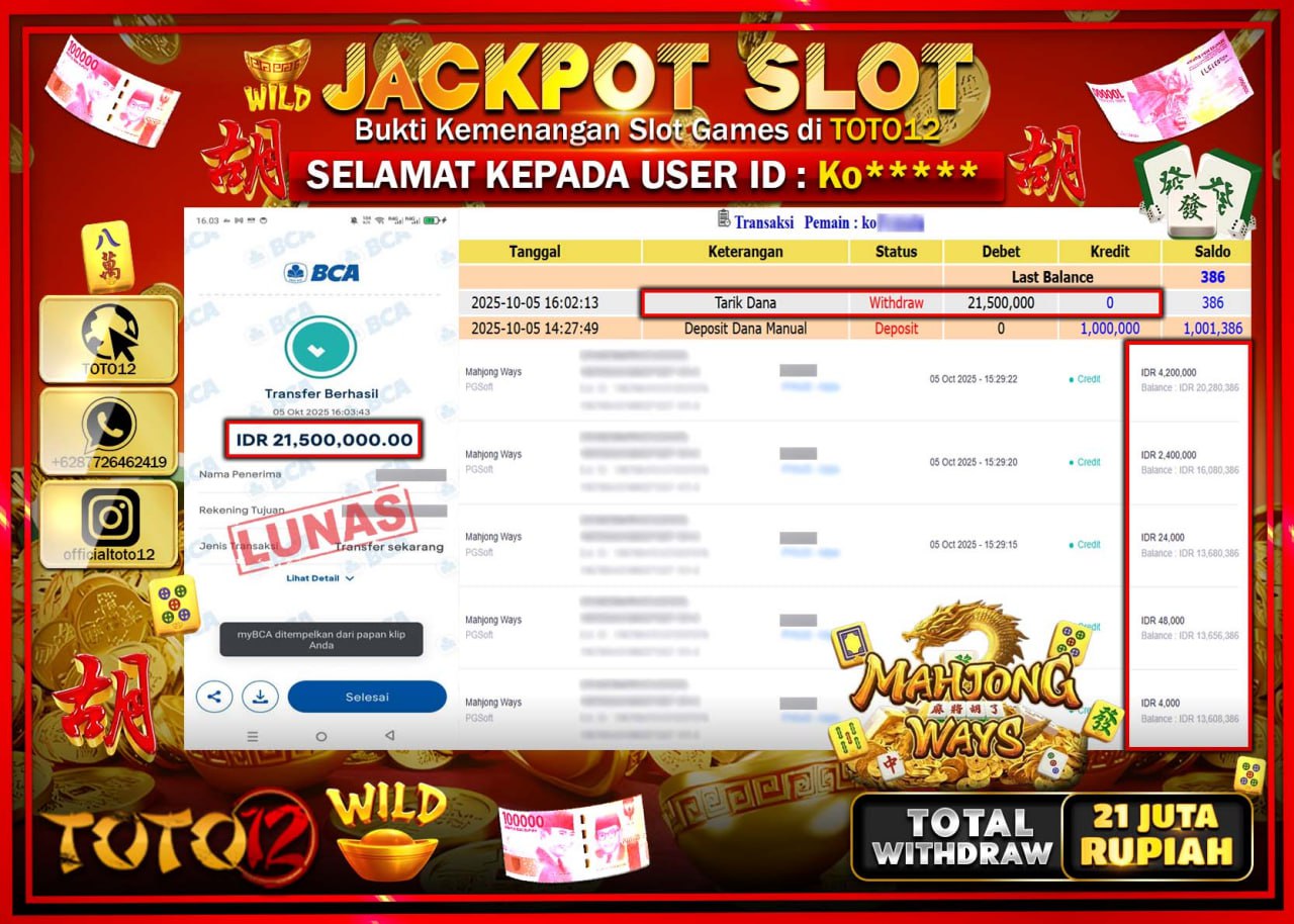 HANYA DI TOTO12 JP PASTI DI BAYAR LUNAS DAN CEPAT!!!!!! JACKPOT SLOT GAME (MAHJONG WAYS) Rp.21.500.000 !!!!