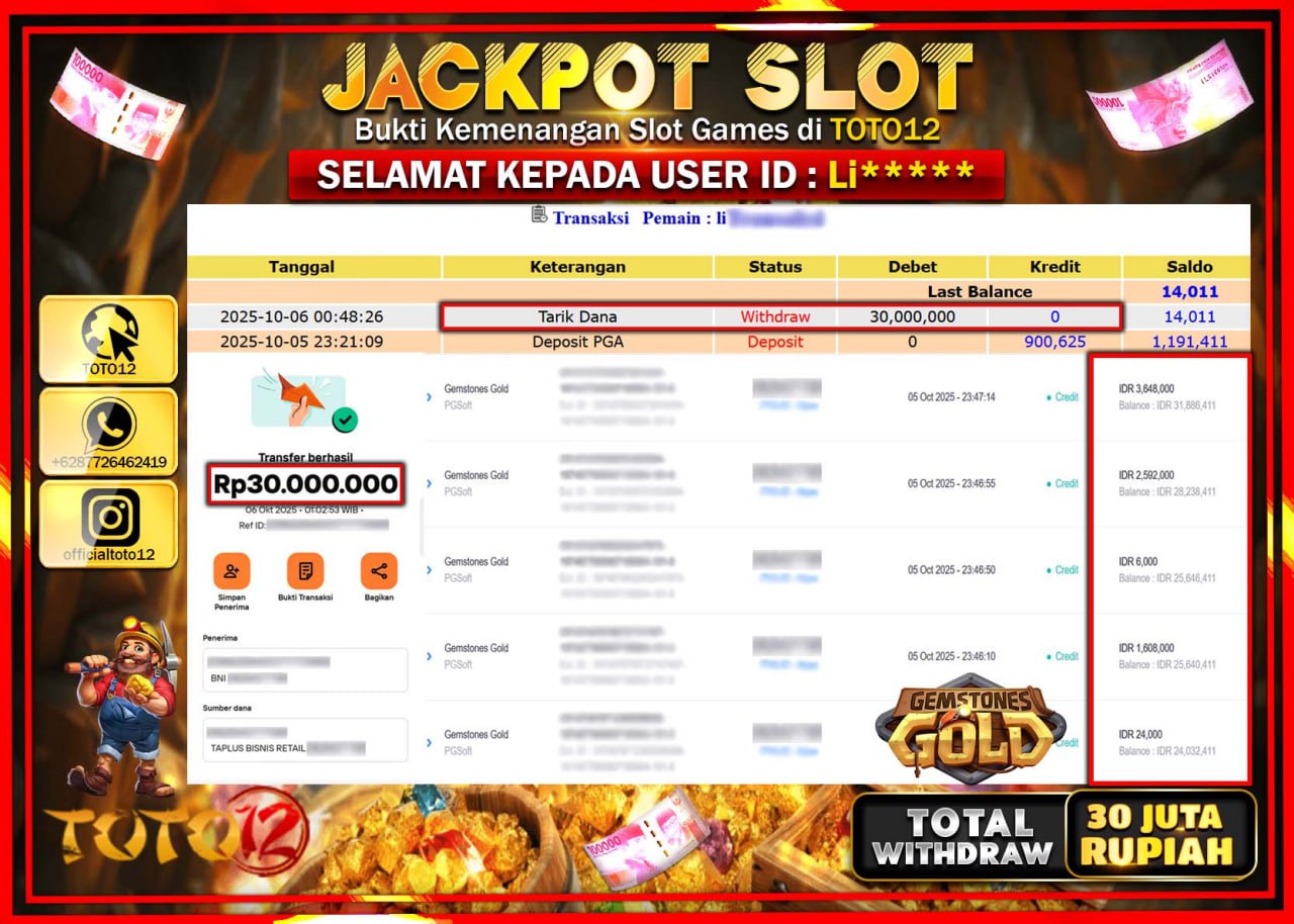 HANYA DI TOTO12 JP PASTI DI BAYAR LUNAS DAN CEPAT!!!!!! JACKPOT SLOT GAME (GEMSTONES GOLD) Rp.30.000.000 !!!!
