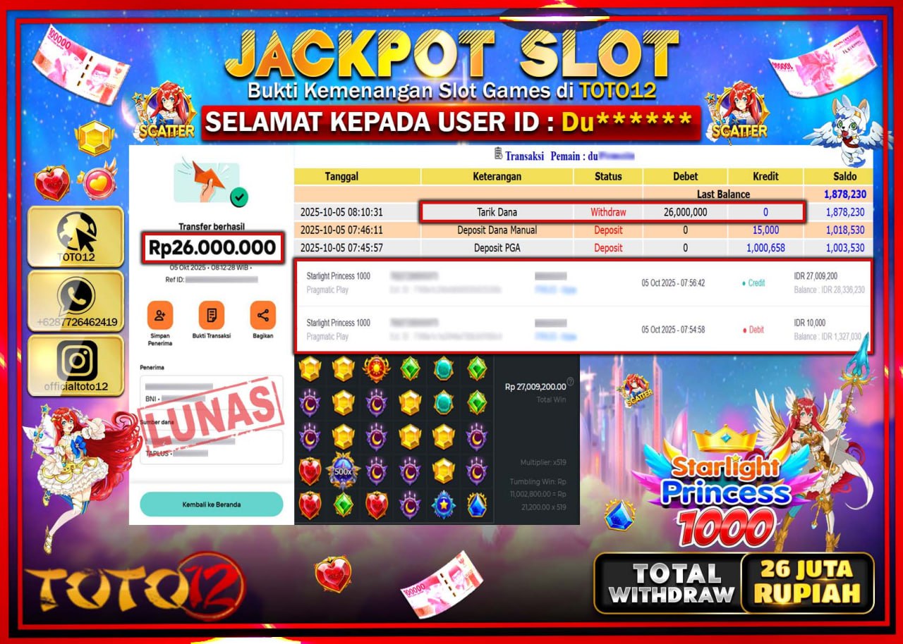 HANYA DI TOTO12 JP PASTI DI BAYAR LUNAS DAN CEPAT!!!!!! JACKPOT SLOT GAME (STARLIGHT PRINCESS 1000) Rp.26.000.000 !!!!