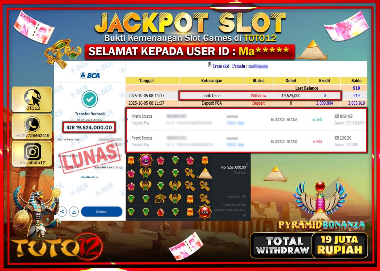 HANYA DI TOTO12 JP PASTI DI BAYAR LUNAS DAN CEPAT!!!!!! JACKPOT SLOT GAME (PYRAMID BONANZA) Rp.19.524.000 !!!!