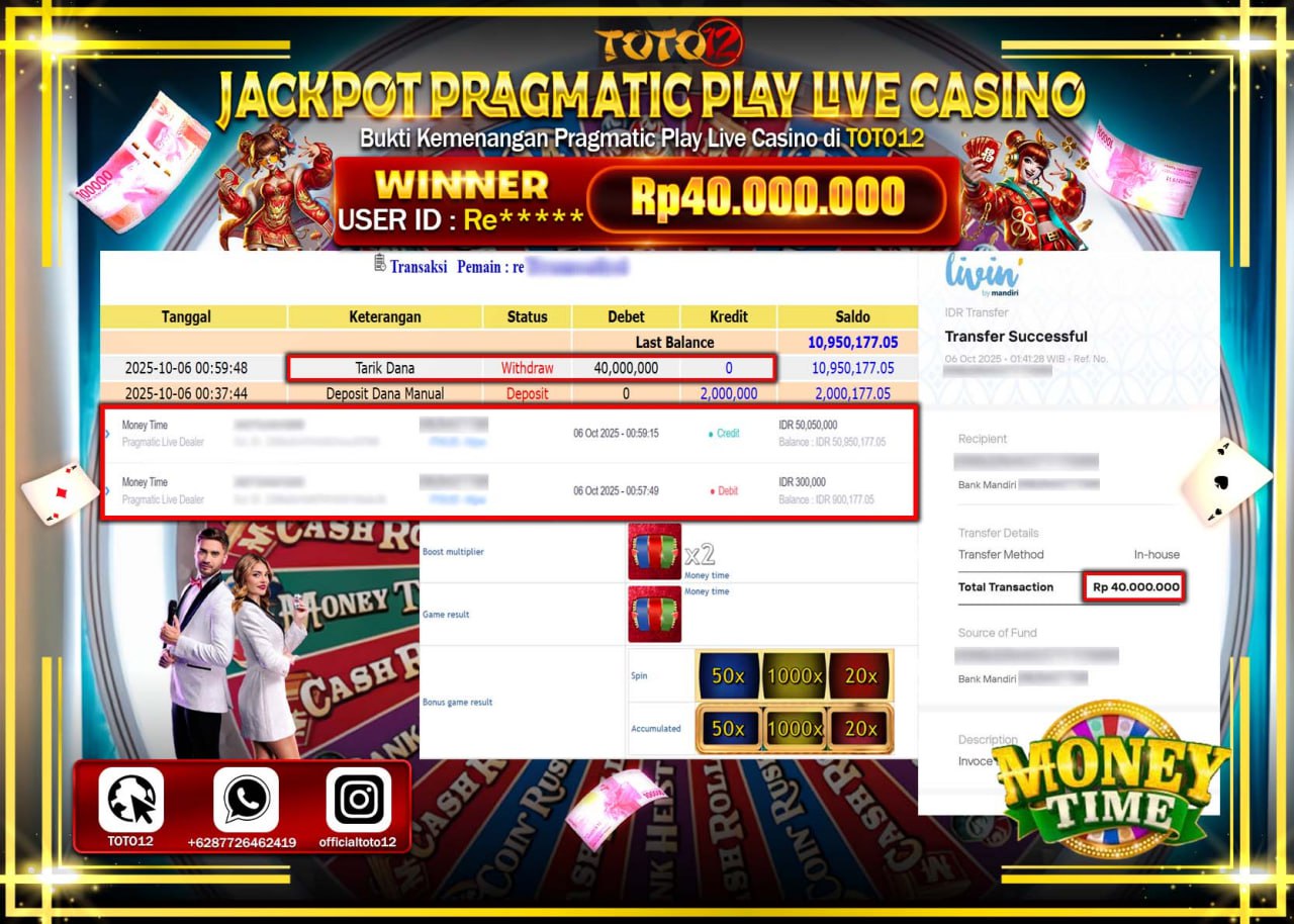 HANYA DI TOTO12 JP PASTI DI BAYAR LUNAS DAN CEPAT!!!!!! JACKPOT PRAGMATIC PLAY LIVE CASINO (MONEY TIME) Rp.40.000.000 !!!!