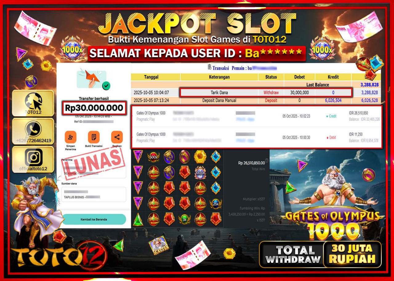 HANYA DI TOTO12 JP PASTI DI BAYAR LUNAS DAN CEPAT!!!!!! JACKPOT SLOT GAME (GATES OF OLYMPUS 1000) Rp.30.000.000 !!!!