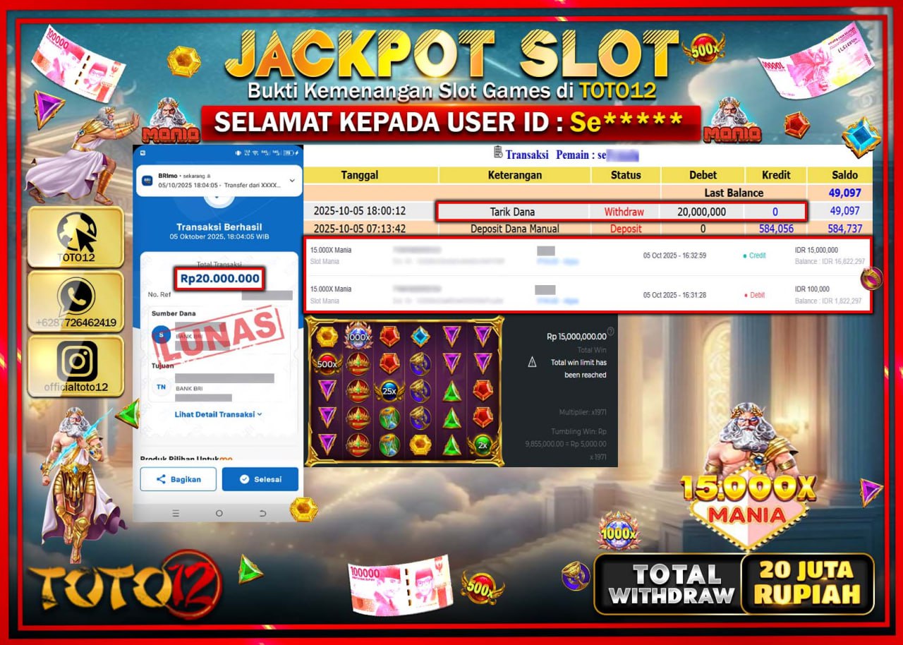HANYA DI TOTO12 JP PASTI DI BAYAR LUNAS DAN CEPAT!!!!!! JACKPOT SLOT GAME (15.000X MANIA) Rp.20.000.000 !!!!