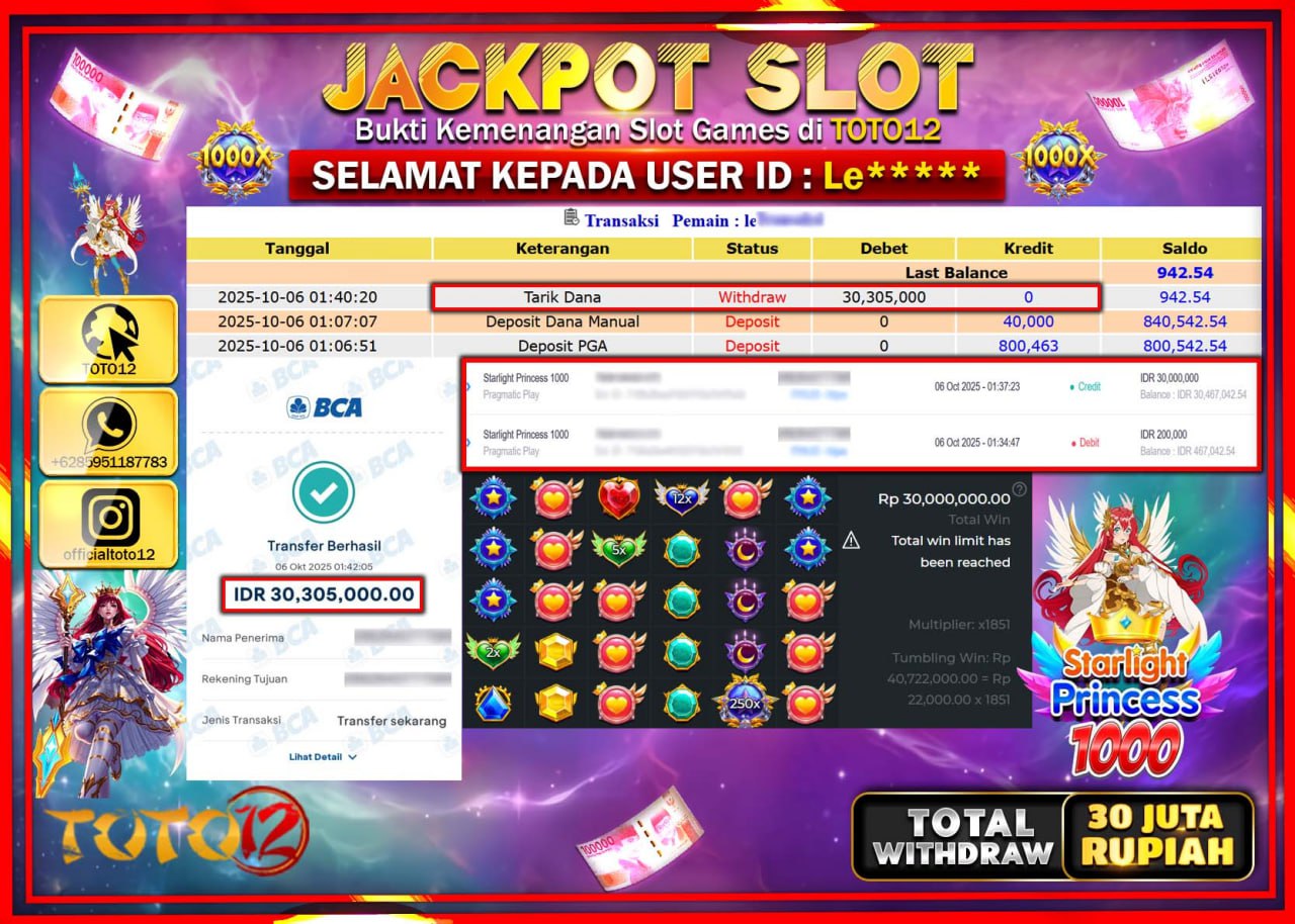HANYA DI TOTO12 JP PASTI DI BAYAR LUNAS DAN CEPAT!!!!!! JACKPOT SLOT GAME (STARLIGHT PRINCESS 1000) Rp.30.305.000 !!!!