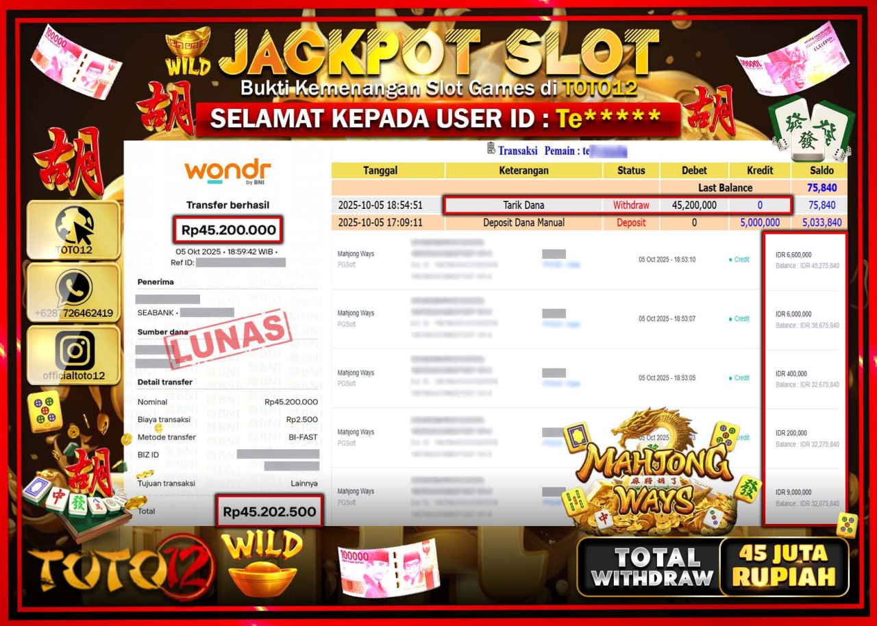 HANYA DI TOTO12 JP PASTI DI BAYAR LUNAS DAN CEPAT!!!!!! JACKPOT SLOT GAME (MAHJONG WAYS) Rp.45.200.000 !!!!