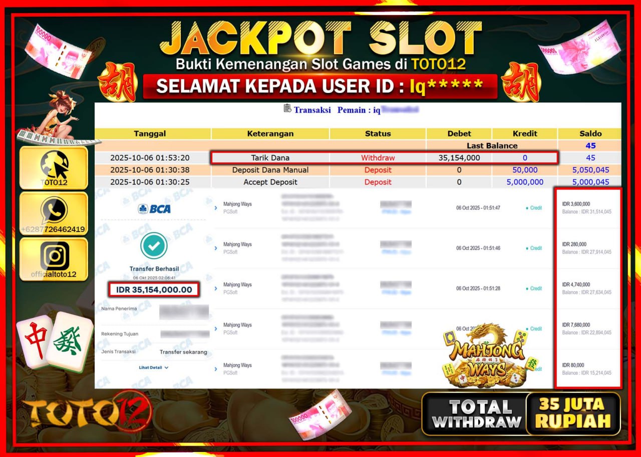 HANYA DI TOTO12 JP PASTI DI BAYAR LUNAS DAN CEPAT!!!!!! JACKPOT SLOT GAME (MAHJONG WAYS) Rp.35.154.000 !!!!