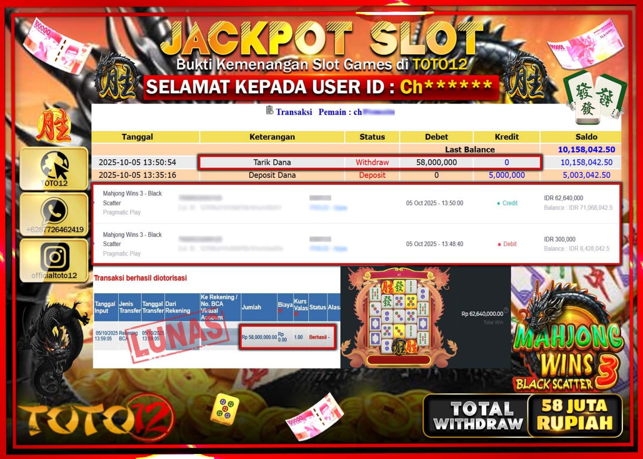 HANYA DI TOTO12 JP PASTI DI BAYAR LUNAS DAN CEPAT!!!!!! JACKPOT SLOT GAME (MAHJONG WINS 3 BLACK SCATTER) Rp.58.000.000 !!!!