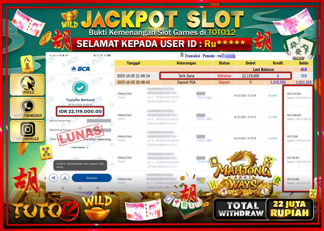 HANYA DI TOTO12 JP PASTI DI BAYAR LUNAS DAN CEPAT!!!!!! JACKPOT SLOT GAME (MAHJONG WAYS) Rp.22.119.000 !!!!