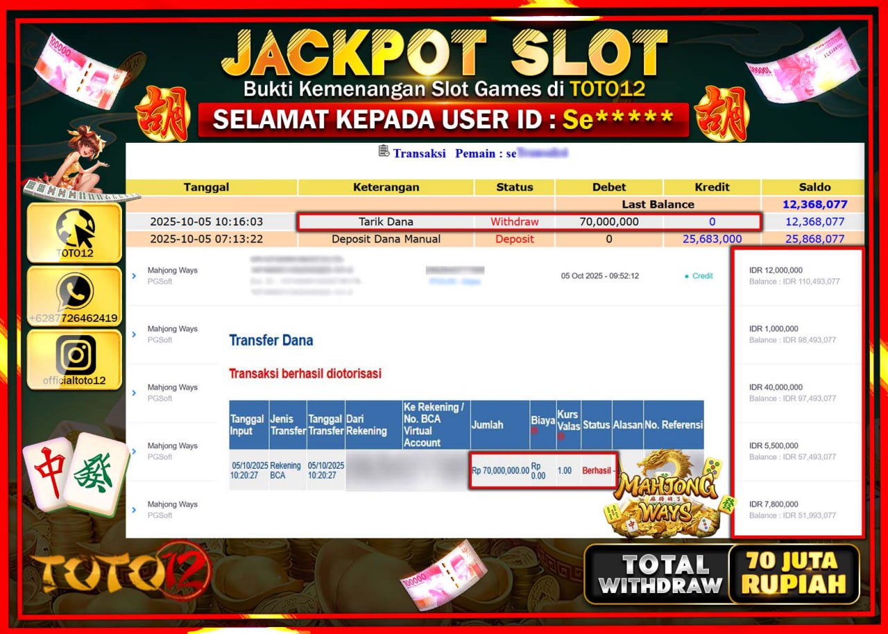 HANYA DI TOTO12 JP PASTI DI BAYAR LUNAS DAN CEPAT!!!!!! JACKPOT SLOT GAME (MAHJONG WAYS) Rp70.000.000 !!!!