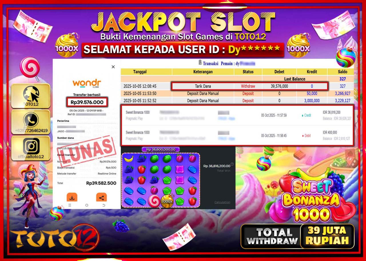 HANYA DI TOTO12 JP PASTI DI BAYAR LUNAS DAN CEPAT!!!!!! JACKPOT SLOT GAME (SWEET BONANZA 1000) Rp.39.576.000 !!!!