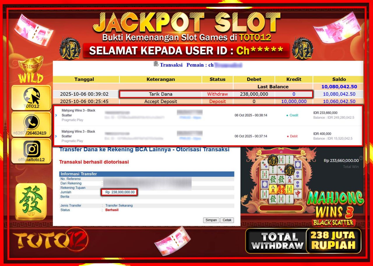 HANYA DI TOTO12 JP PASTI DI BAYAR LUNAS DAN CEPAT!!!!!! JACKPOT SLOT GAME (MAHJONG WINS 3 BLACK SCATTER) Rp.238.000.000 !!!!