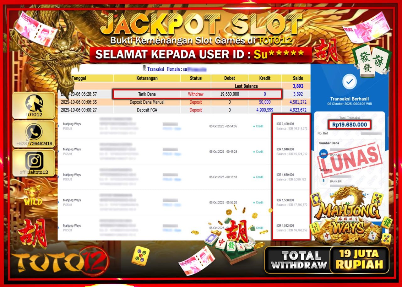 HANYA DI TOTO12 JP PASTI DI BAYAR LUNAS DAN CEPAT!!!!!! JACKPOT SLOT GAME (MAHJONG WAYS) Rp.19.680.000 !!!!