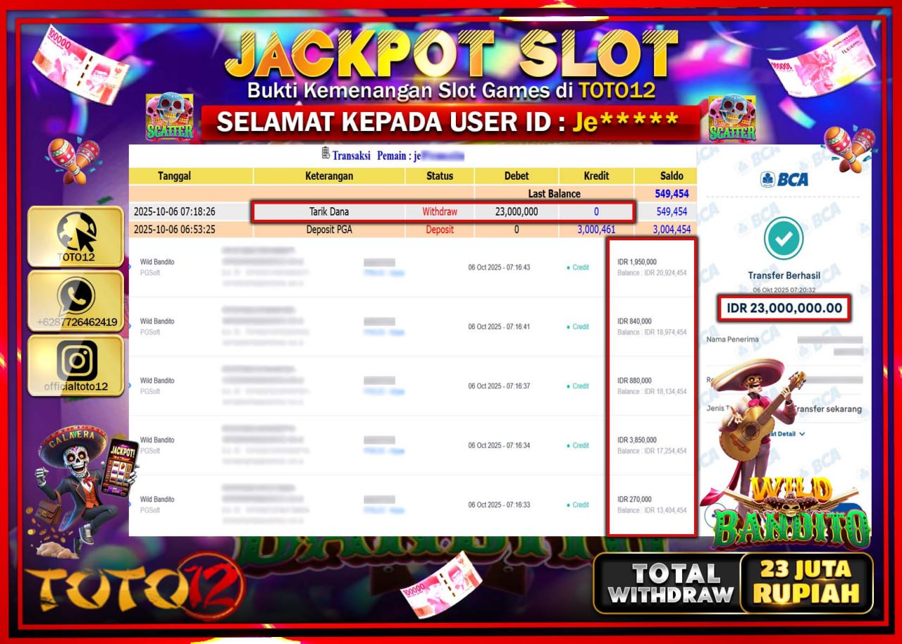 HANYA DI TOTO12 JP PASTI DI BAYAR LUNAS DAN CEPAT!!!!!! JACKPOT SLOT GAME (WILD BANDITO) Rp.23.000.000 !!!!