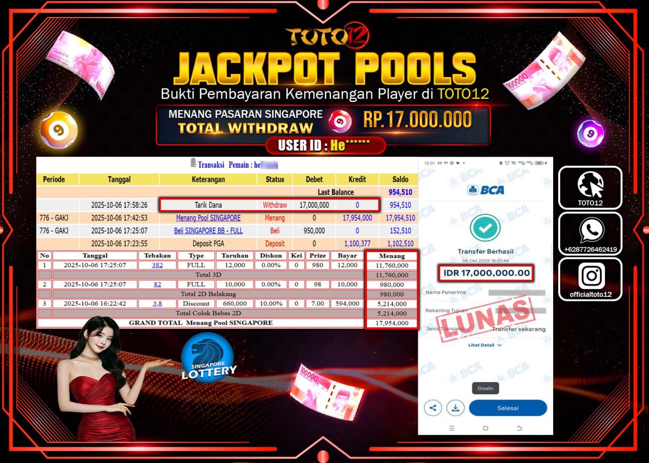 HANYA DI TOTO12 JP PASTI DI BAYAR LUNAS DAN CEPAT!!!!!! JACKPOT POOLS PASARAN (SINGAPORE) Rp.17.000.000 !!!!