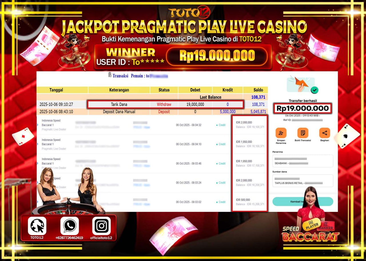 HANYA DI TOTO12 JP PASTI DI BAYAR LUNAS DAN CEPAT!!!!!! JACKPOT PRAGMATIC PLAY LIVE CASINO (INDONESIA SPEED BACCARAT 1) Rp.19.000.000 !!!!