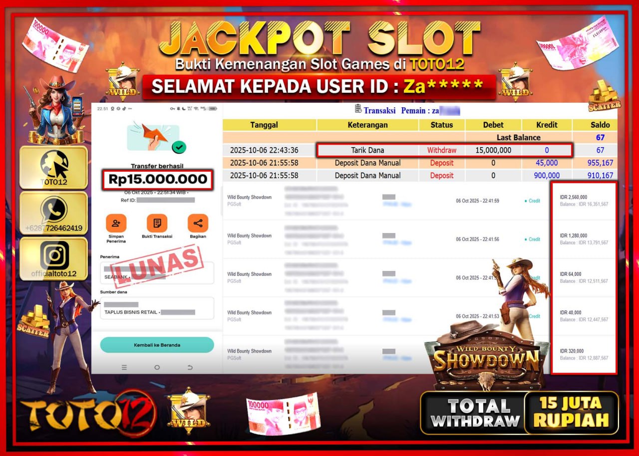 HANYA DI TOTO12 JP PASTI DI BAYAR LUNAS DAN CEPAT!!!!!! JACKPOT SLOT GAME (WILD BOUNTY SHOWDOWN) Rp.15.000.000 !!!!