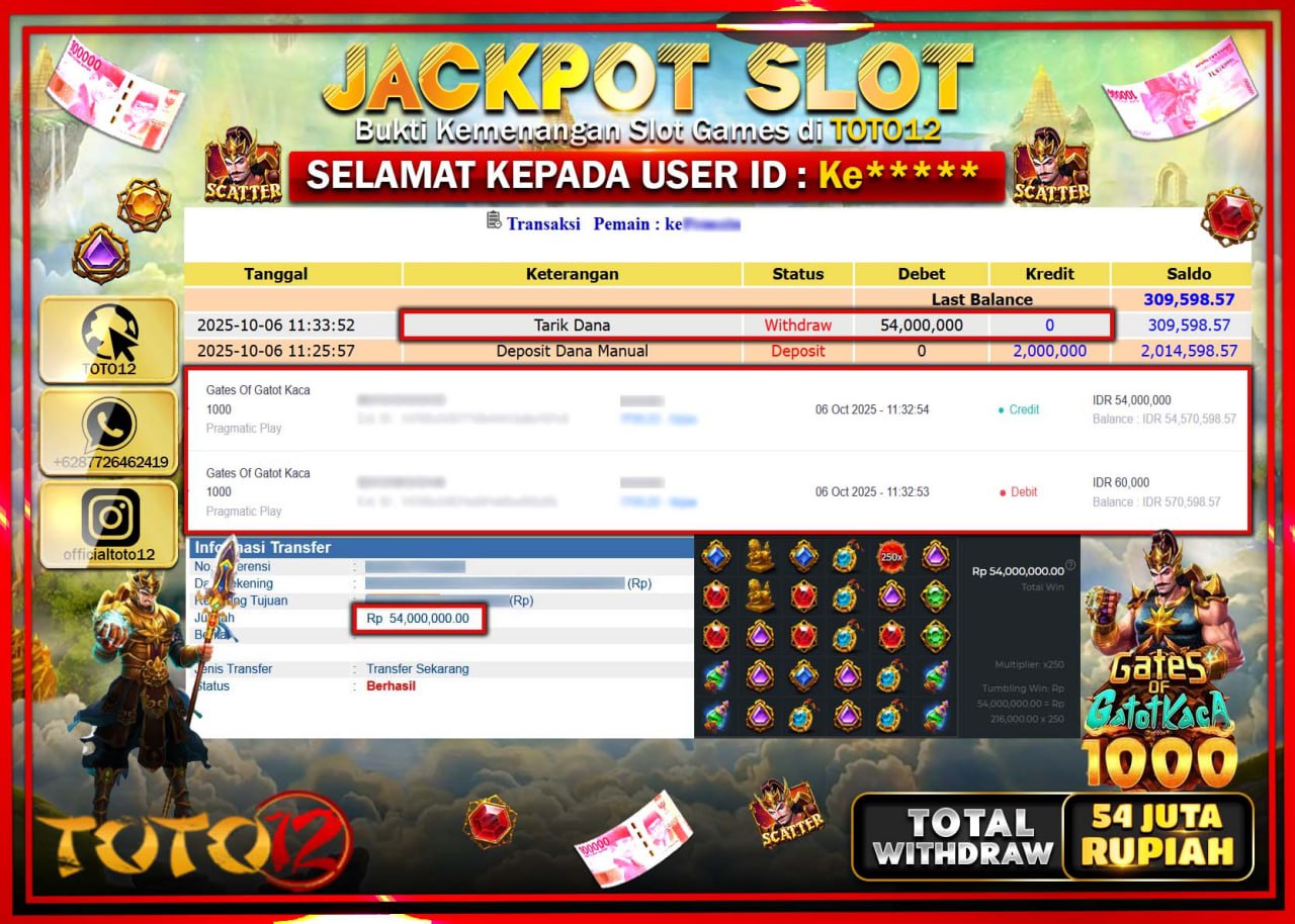 HANYA DI TOTO12 JP PASTI DI BAYAR LUNAS DAN CEPAT!!!!!! JACKPOT SLOT GAME (GATES OF GATOT KACA 1000) Rp.54.000.000 !!!!