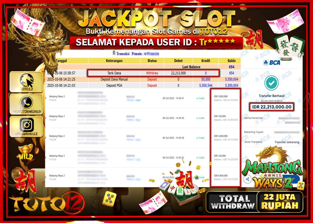 HANYA DI TOTO12 JP PASTI DI BAYAR LUNAS DAN CEPAT!!!!!! JACKPOT SLOT GAME (MAHJONG WAYS 2) Rp.22.213.000 !!!!