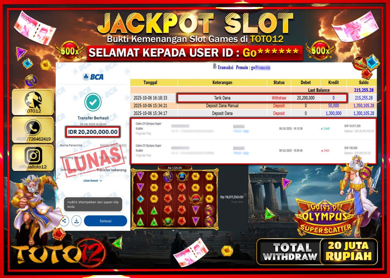 HANYA DI TOTO12 JP PASTI DI BAYAR LUNAS DAN CEPAT!!!!!! JACKPOT SLOT GAME (GATES OF OLYMPUS SUPER SCATTER) Rp.20.200.000 !!!!