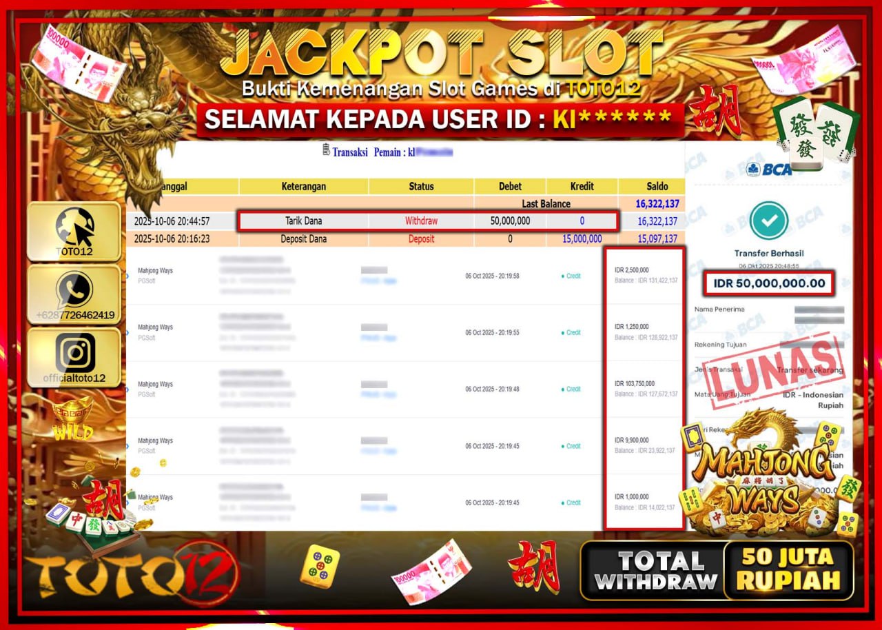 HANYA DI TOTO12 JP PASTI DI BAYAR LUNAS DAN CEPAT!!!!!! JACKPOT SLOT GAME (MAHJONG WAYS) Rp.50.000.000 !!!!